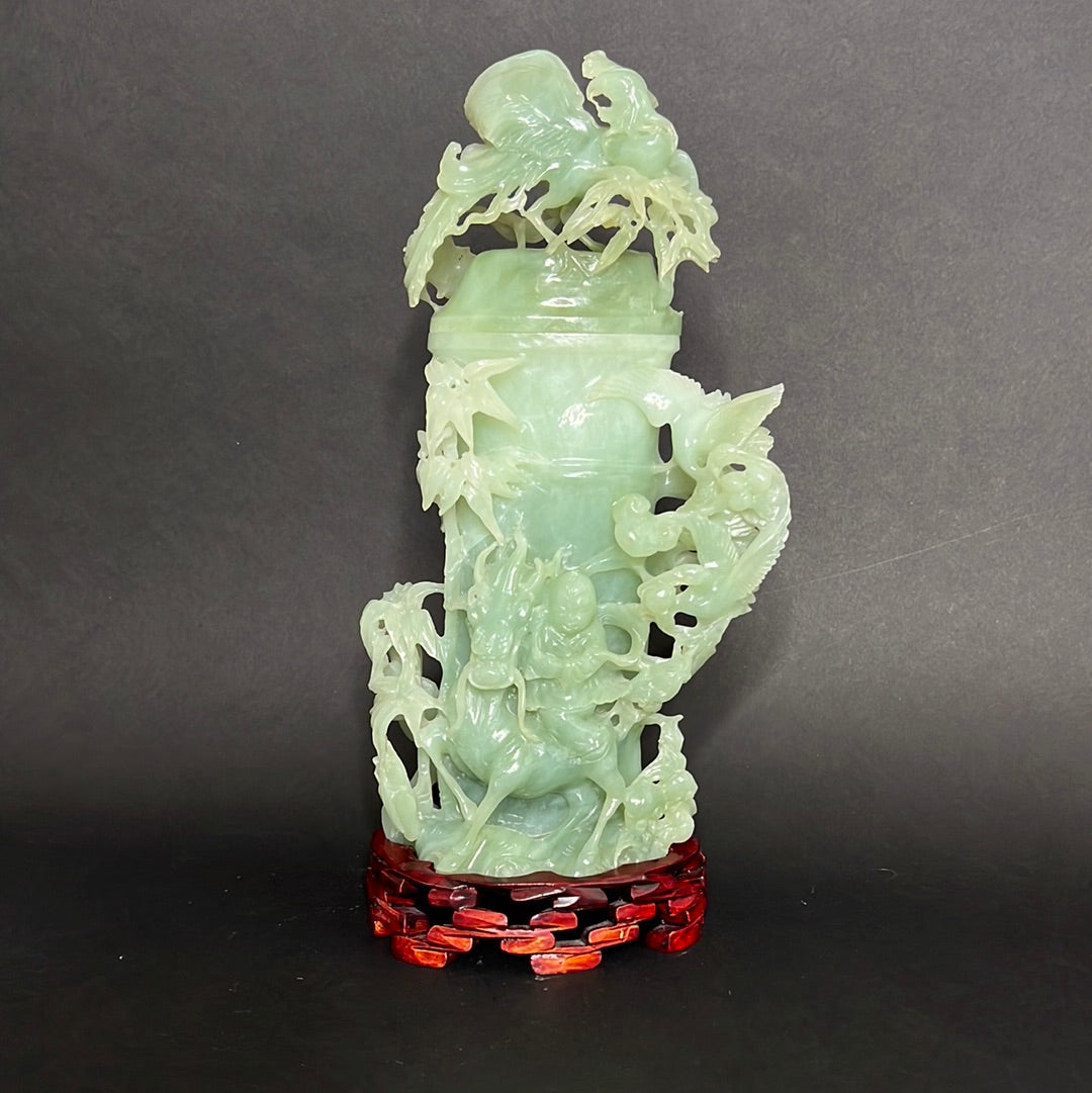 20th C. Celadon Chinese Jade Bamboo Jade Vase With mythical Dragon ,Phoenix & Crane Birds