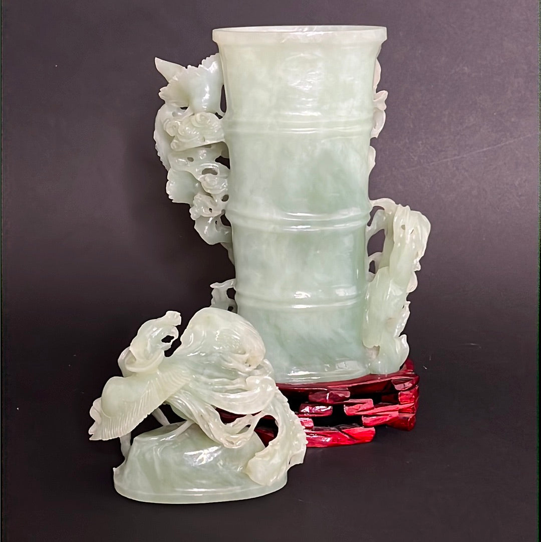 20th C. Celadon Chinese Jade Bamboo Jade Vase With mythical Dragon ,Phoenix & Crane Birds