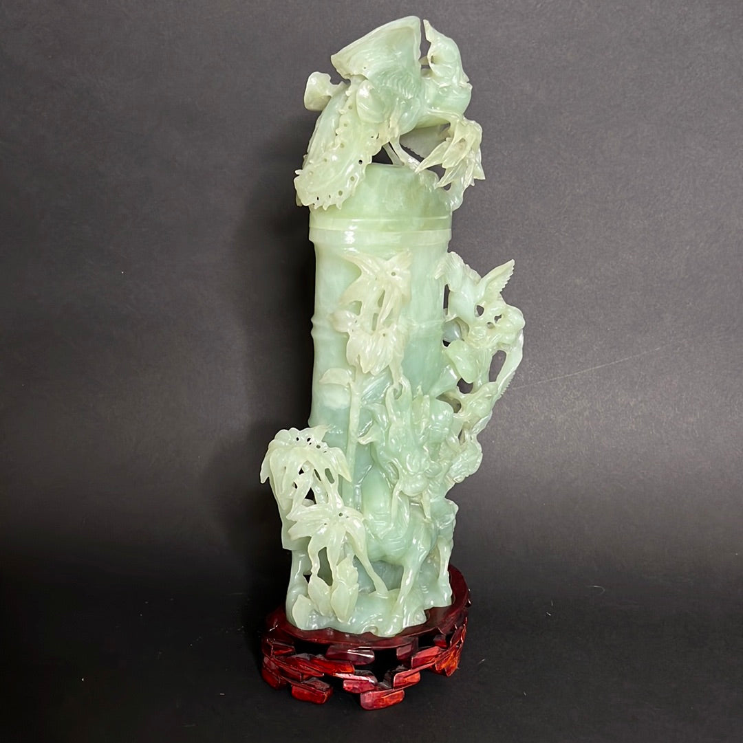 20th C. Celadon Chinese Jade Bamboo Jade Vase With mythical Dragon ,Phoenix & Crane Birds