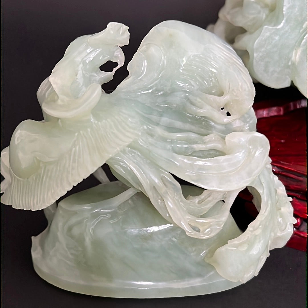 20th C. Celadon Chinese Jade Bamboo Jade Vase With mythical Dragon ,Phoenix & Crane Birds