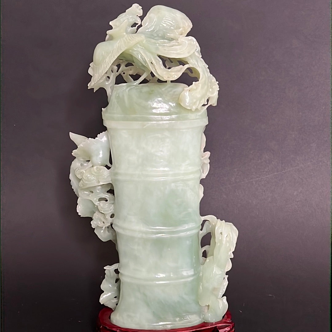 20th C. Celadon Chinese Jade Bamboo Jade Vase With mythical Dragon ,Phoenix & Crane Birds