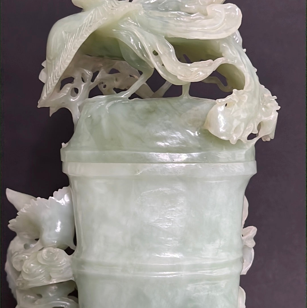 20th C. Celadon Chinese Jade Bamboo Jade Vase With mythical Dragon ,Phoenix & Crane Birds