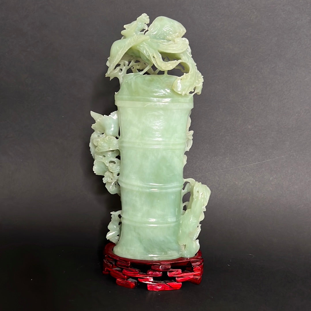 20th C. Celadon Chinese Jade Bamboo Jade Vase With mythical Dragon ,Phoenix & Crane Birds