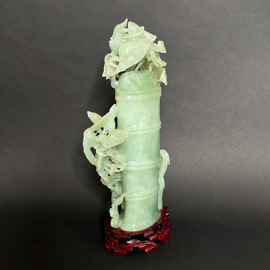 20th C. Celadon Chinese Jade Bamboo Jade Vase With mythical Dragon ,Phoenix & Crane Birds