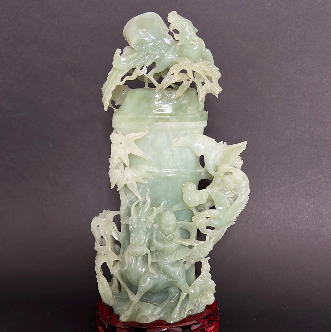 20th C. Celadon Chinese Jade Bamboo Jade Vase With mythical Dragon ,Phoenix & Crane Birds