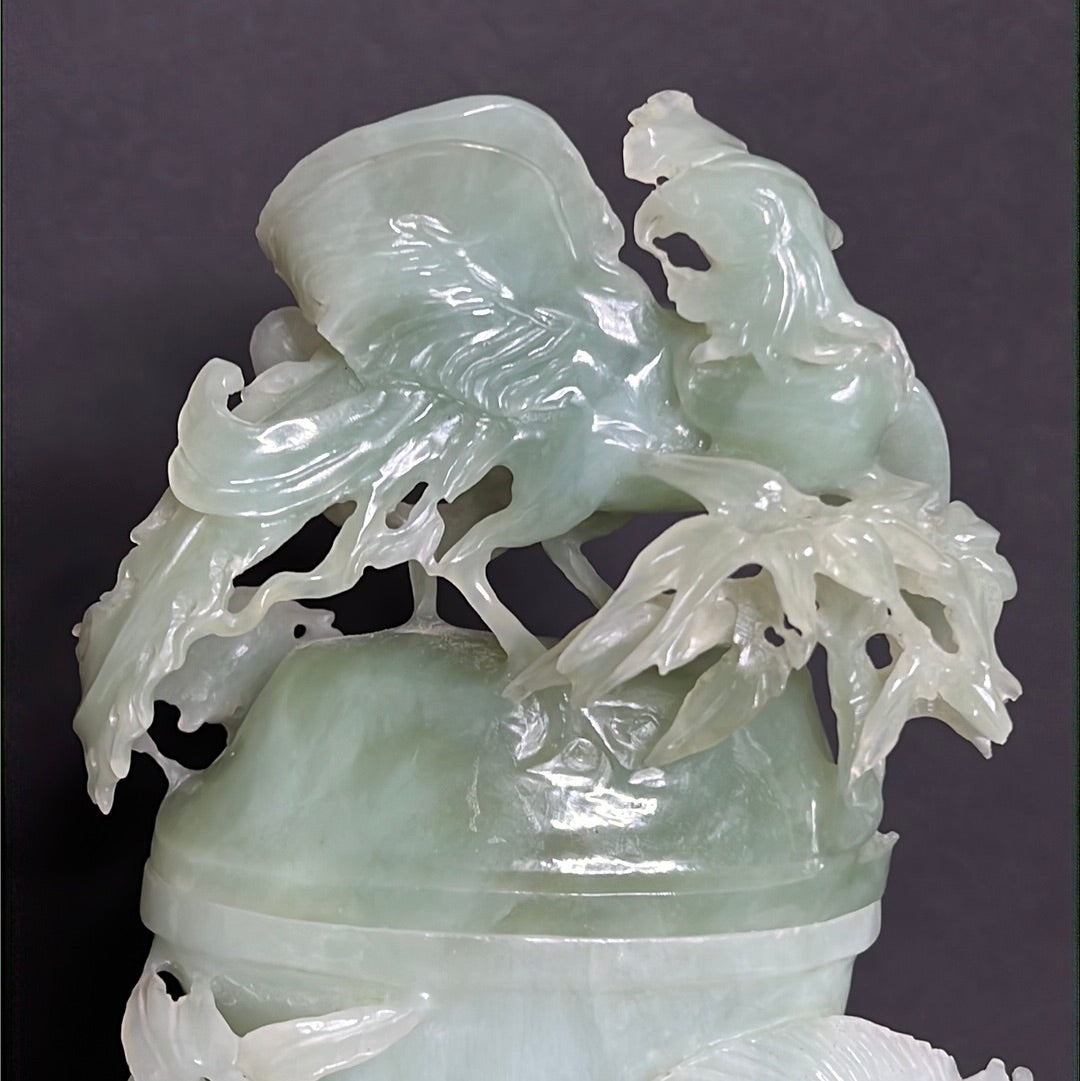 20th C. Celadon Chinese Jade Bamboo Jade Vase With mythical Dragon ,Phoenix & Crane Birds