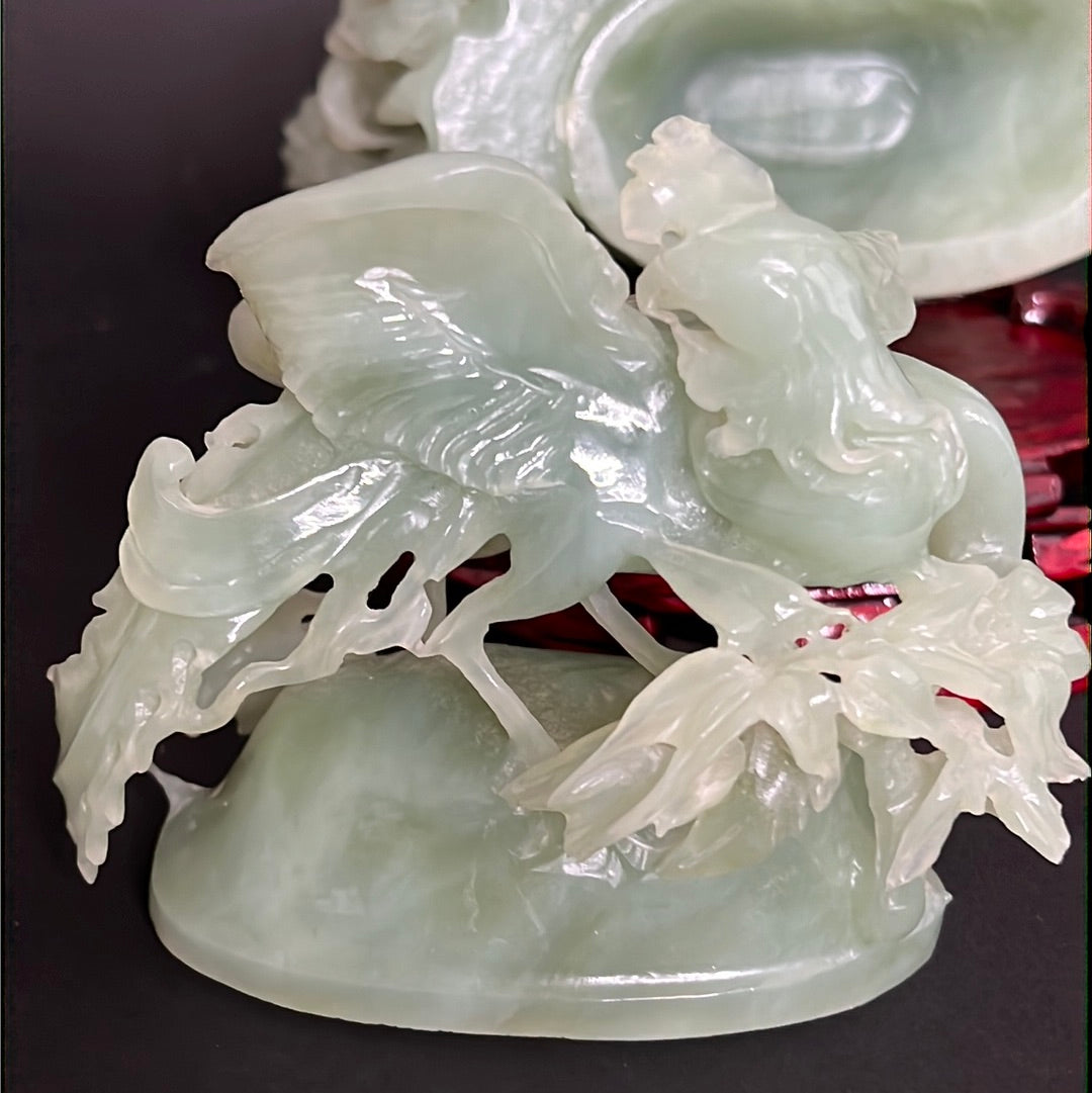 20th C. Celadon Chinese Jade Bamboo Jade Vase With mythical Dragon ,Phoenix & Crane Birds