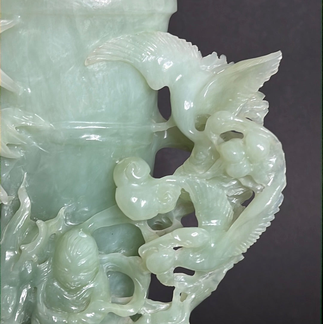 20th C. Celadon Chinese Jade Bamboo Jade Vase With mythical Dragon ,Phoenix & Crane Birds