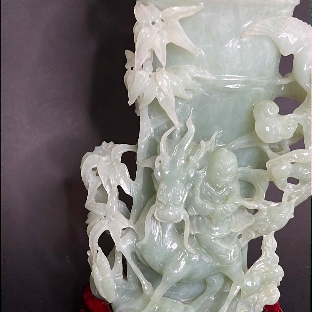 20th C. Celadon Chinese Jade Bamboo Jade Vase With mythical Dragon ,Phoenix & Crane Birds