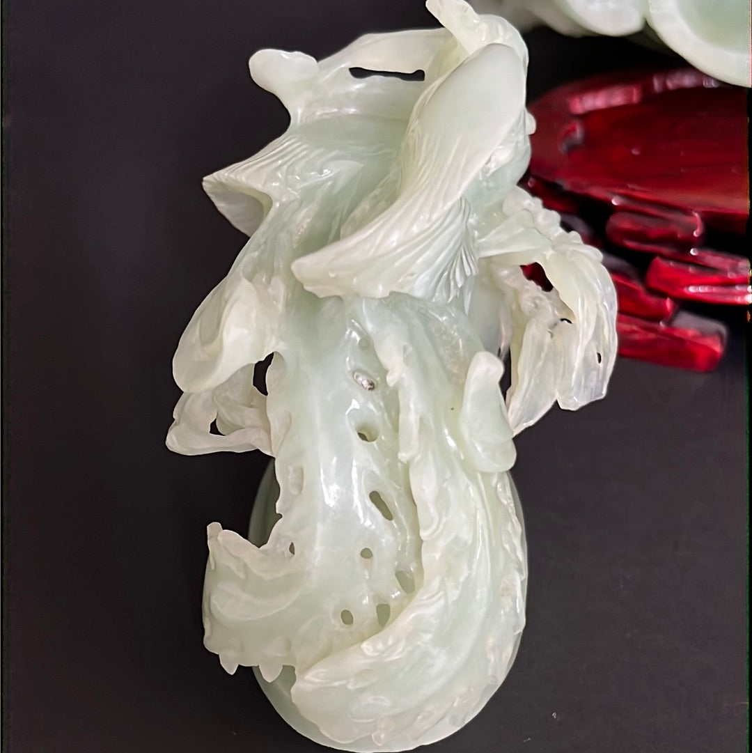 20th C. Celadon Chinese Jade Bamboo Jade Vase With mythical Dragon ,Phoenix & Crane Birds