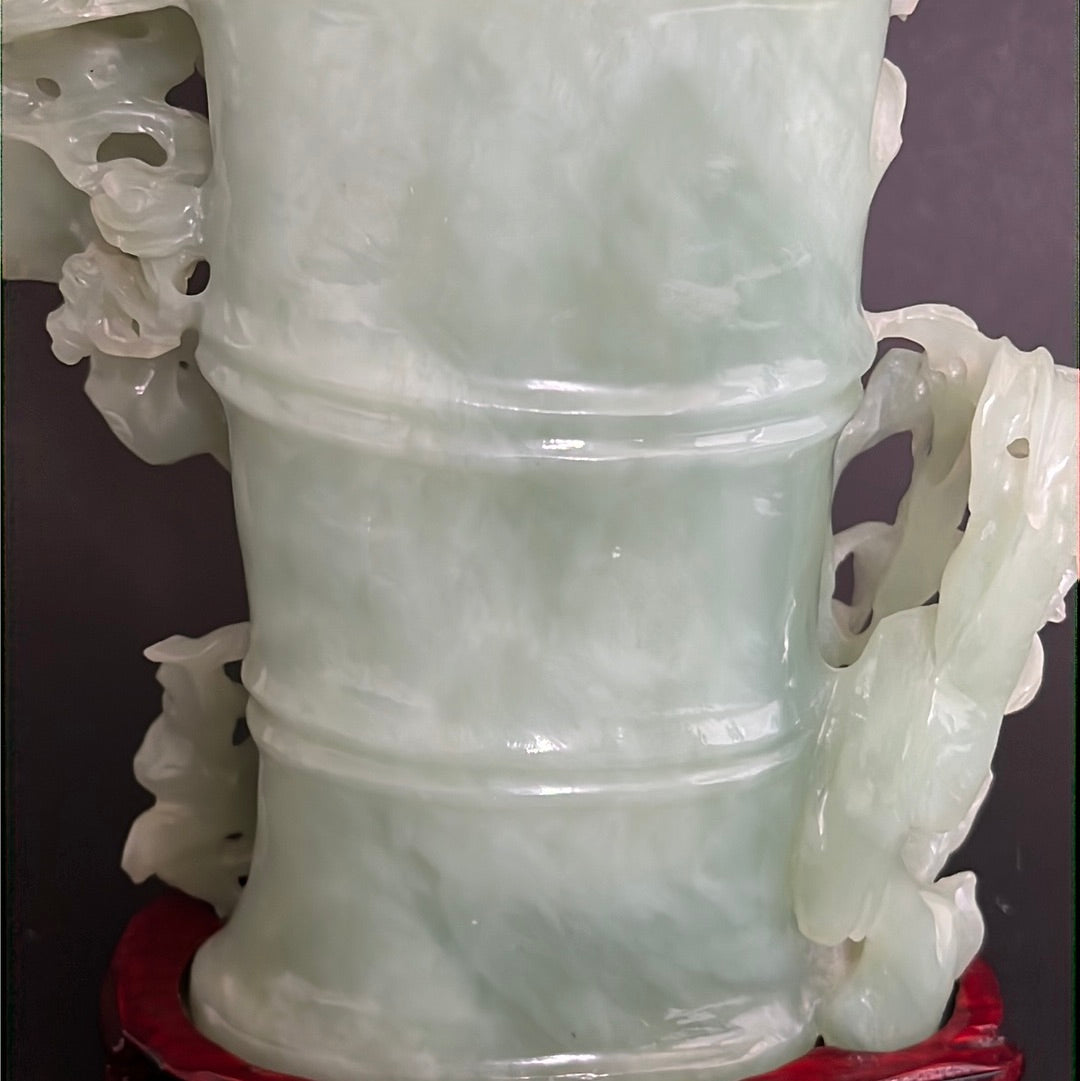 20th C. Celadon Chinese Jade Bamboo Jade Vase With mythical Dragon ,Phoenix & Crane Birds