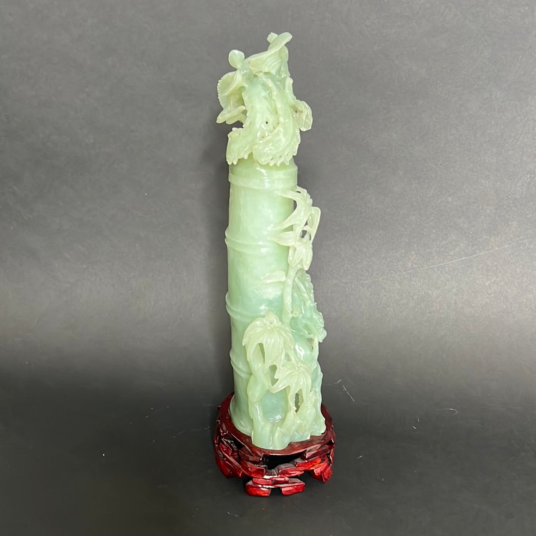 20th C. Celadon Chinese Jade Bamboo Jade Vase With mythical Dragon ,Phoenix & Crane Birds